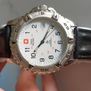 Swiss military vintage watch. Black leather strap